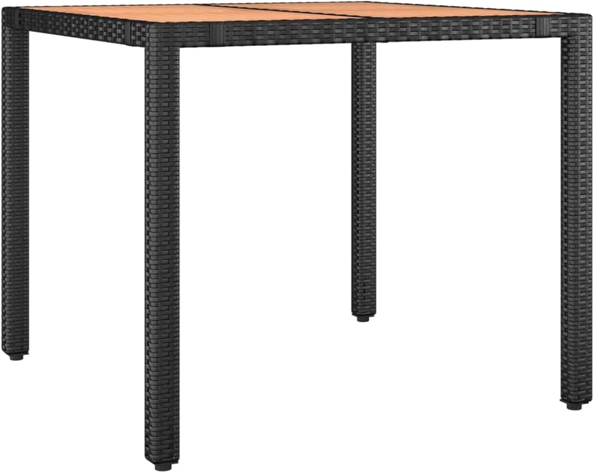Tafel, eetkamer, tuin, buiten, van zwart polyrotan en acaciahout, 90 x 90 x 75 cm, tuintafel van rotan en hout, buitentafel van rotan en hout, tuintafel van hout