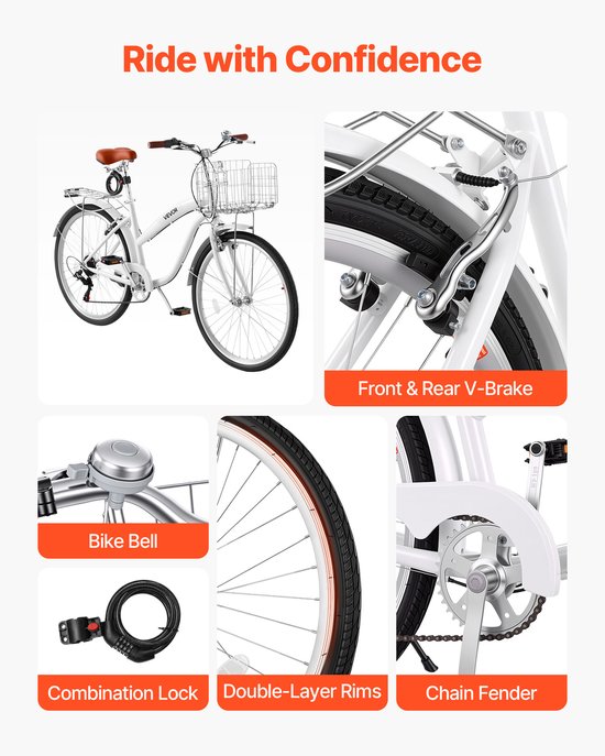 VEVOR Dames Cruiserfiets van 26 inch, Draagvermogen 150 Kg, 7 Versnellingen, Wit, voor Woon-Werkverkeer, Boodschappen en Stranduitstapjes, met Dubbele V-Remmen, Bagagedrager van 50 Kg, Spatborden en Gereedschapskit — afbeelding 5