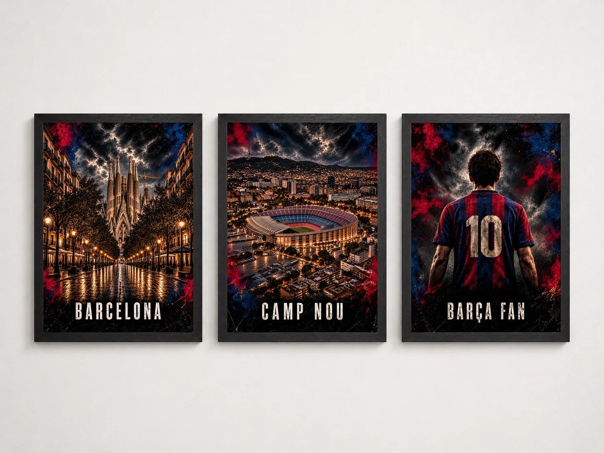 FC Barcelona Drieluik | Camp Nou, Sagrada Família & Barça Fan | Inclusief 3 Zwarte A4 Lijsten