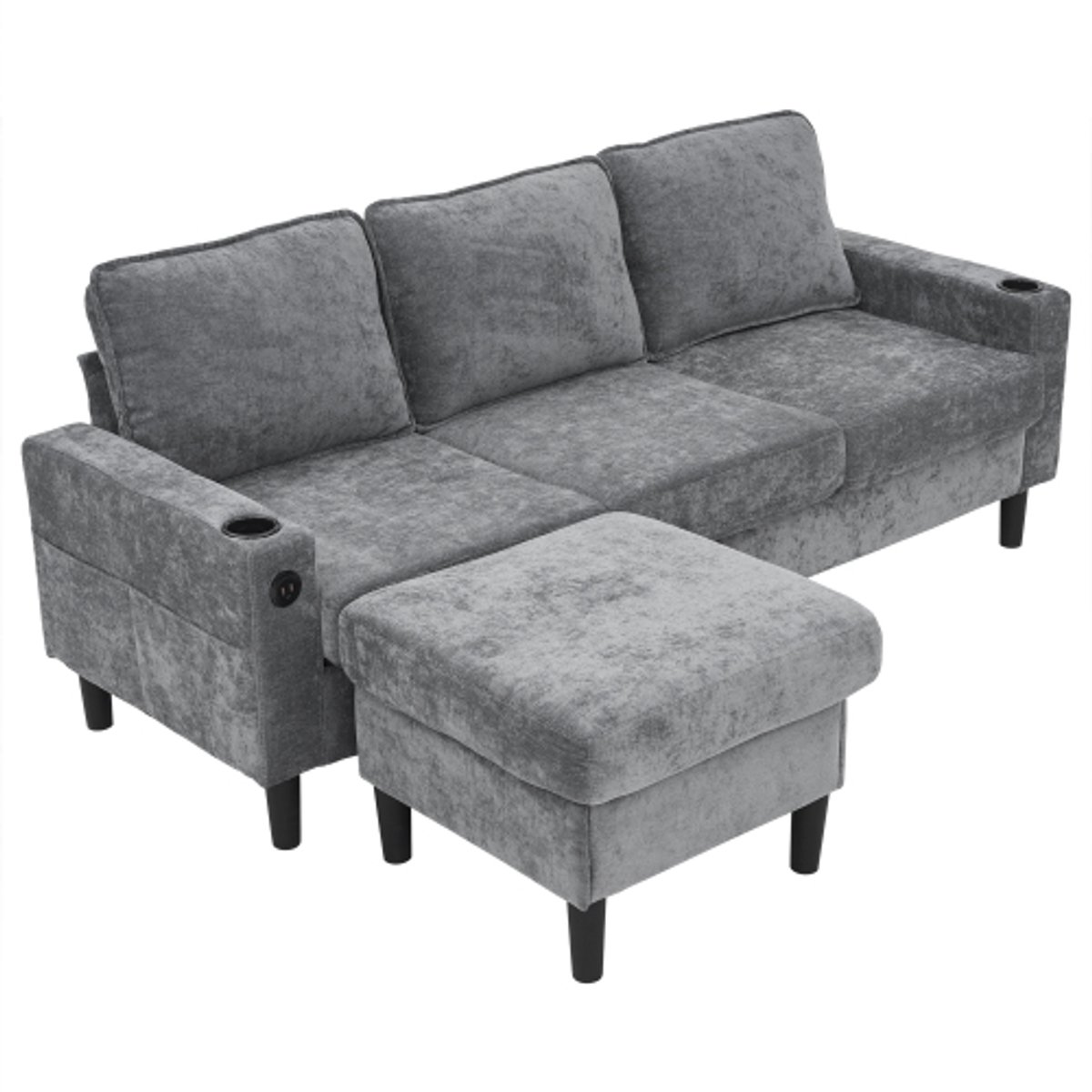 Rolipo Hoekbank- 4-zitsbank met USB en USB-C - 2 bekerhouders en zijvakken – Woonkamer en slaapkamer – 202 x 137 x 80 cm – Grijs linnen