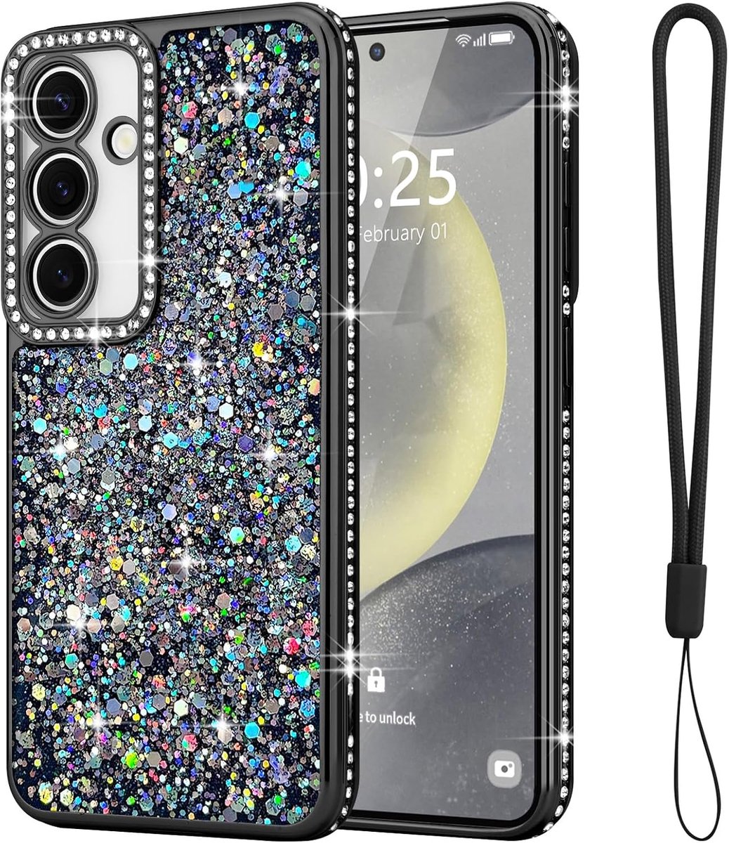 Lafunda voor Samsung S24 hoesje voor vrouwen en meisjes, luxe Bling glitter diamanten kristallen festival glanzende camerabescherming, schokbestendige siliconen TPU telefoonhoes voor Galaxy S24 6.2