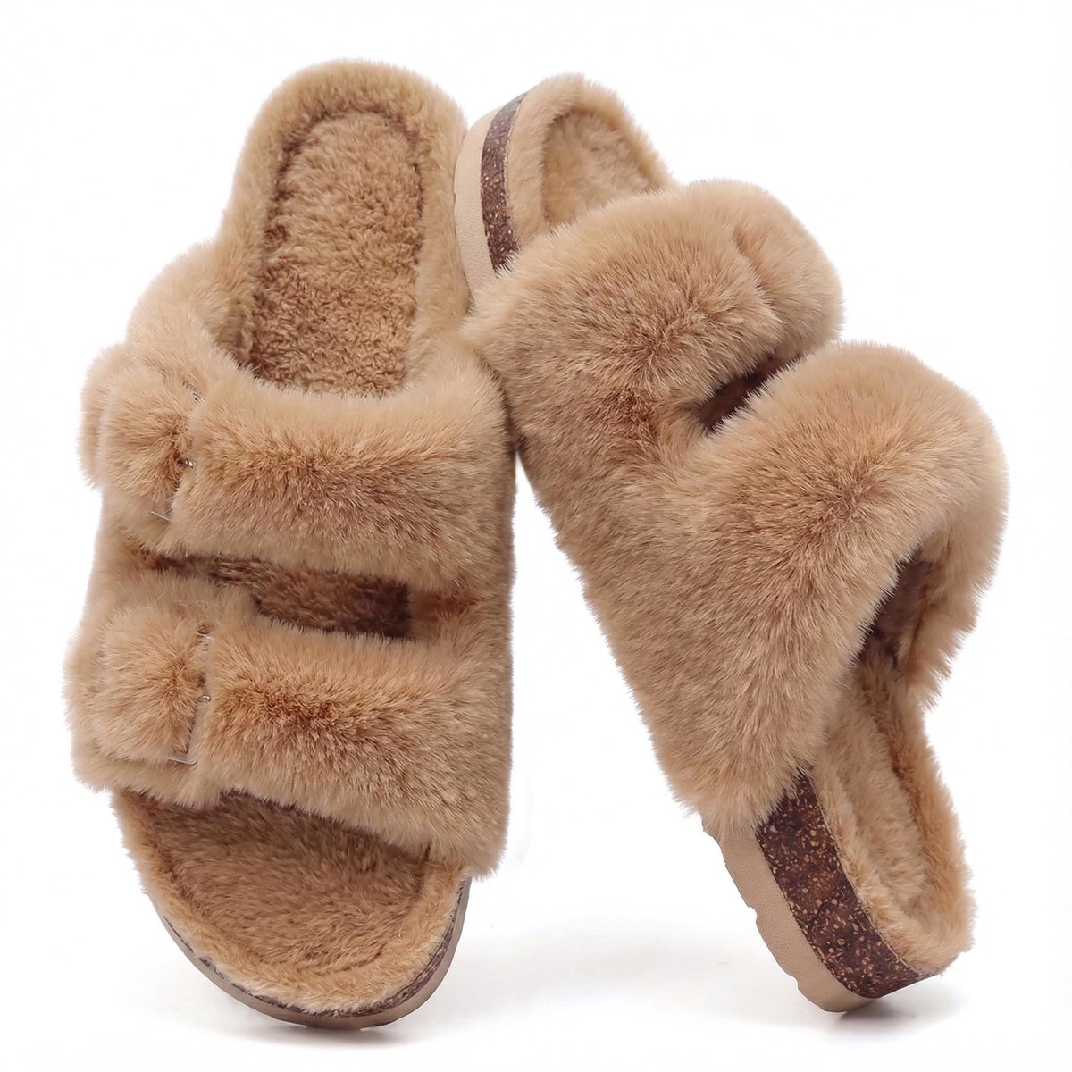 Homaxy - Dames slippers – nep konijnenvacht pluche slippers – comfortabele sloffen – kurken inlegzool – kaki – 37 - Geschikt voor een voetlengte van 23.1cm