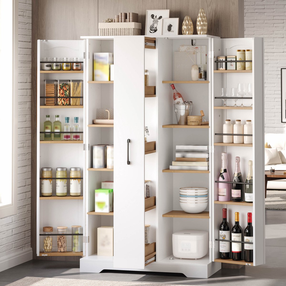 Keukenkast - Dubbele Deuren Met Kruidenrekken En Vierlaags Uittreksysteem - Voor Keuken En Eetkamer - MDF - 150 X 78 X 40 Cm - Wit
