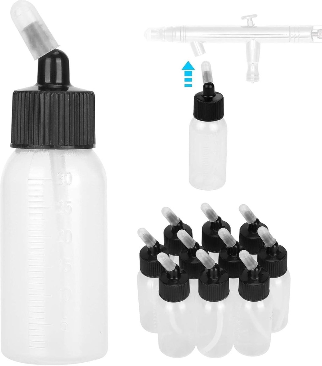 Set van 10 Stuks 30ml Airbrush Flessen met Plastic Pot en Loden Deksel voor Dubbele Actie Airbrush en Verftoepassingen