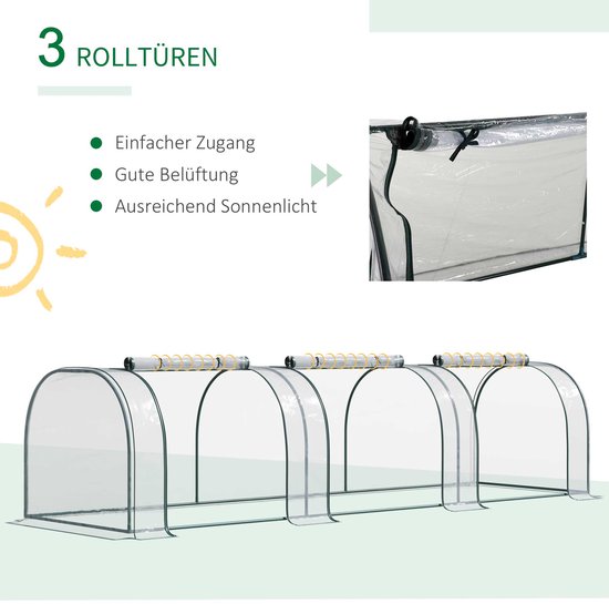 Kas met 3 oprolbare deuren voor eenvoudige toegang, goede ventilatie en voldoende zonlicht. Transparante hoes en groen stalen frame.