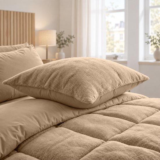 Close-up van een taupe teddy kussen bovenop een taupe dekbed met ruitpatroon.