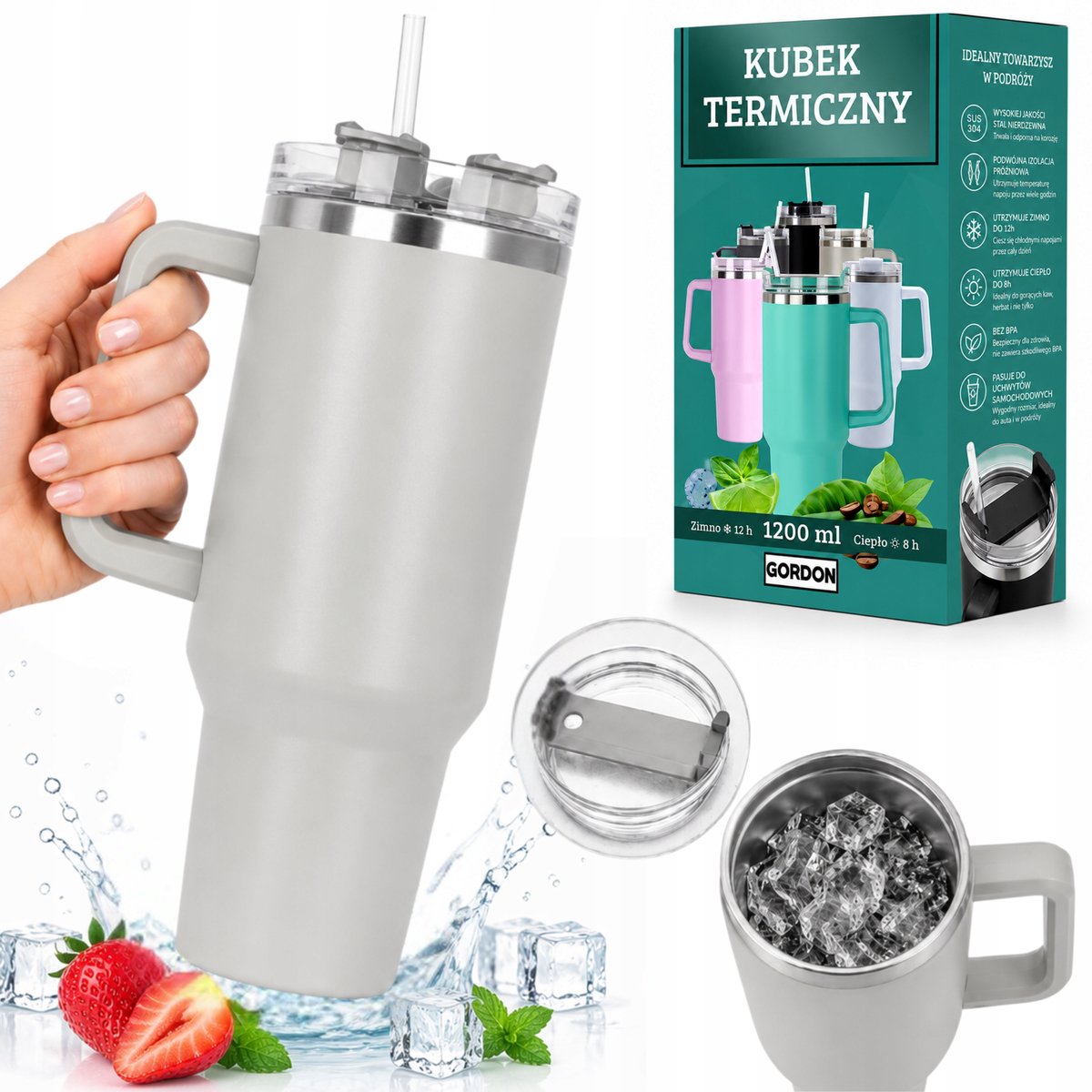 Grote Thermosbeker 1200ml met Rietje en Handvat - Grijs
