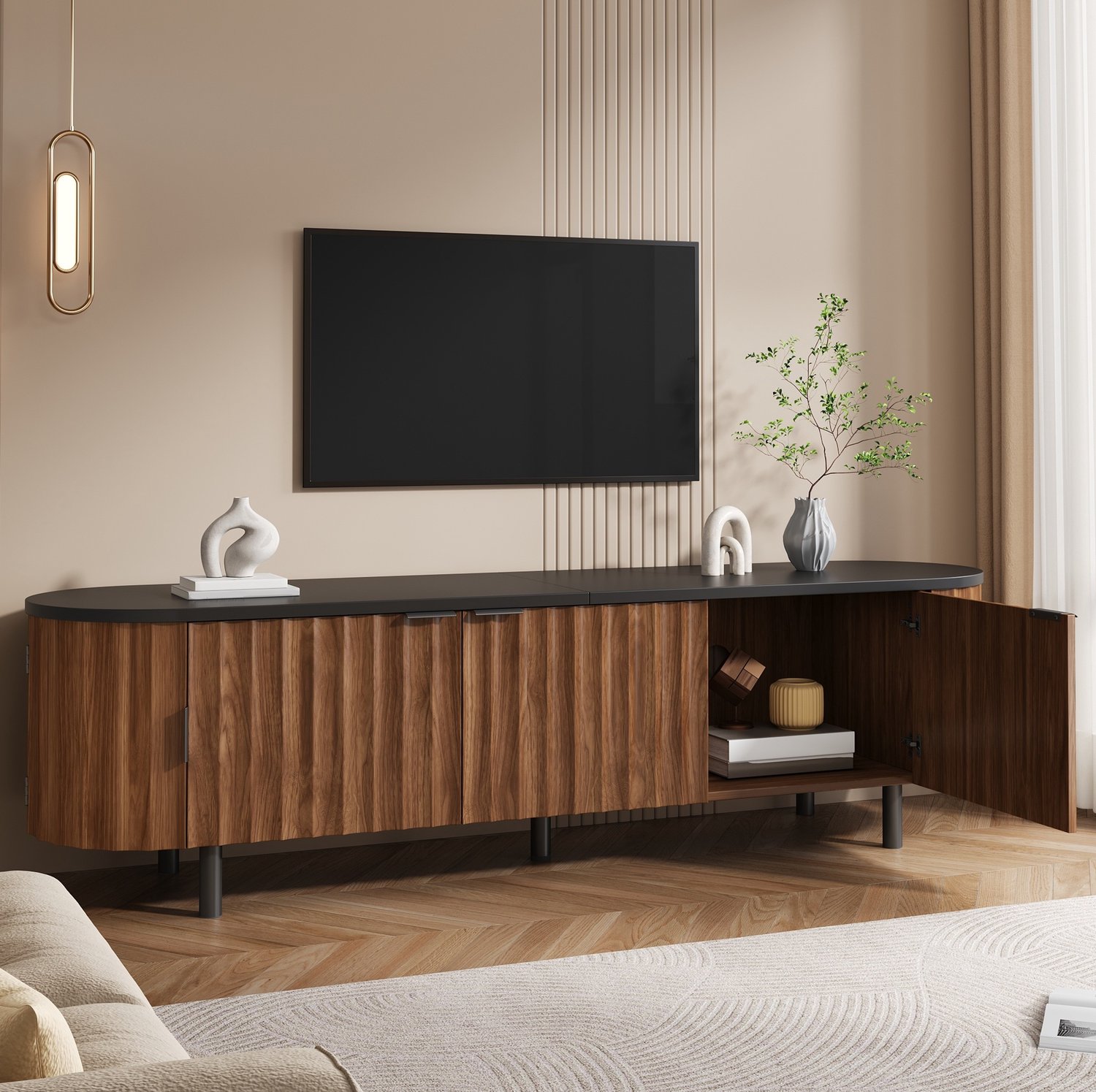 DESMIU TV Meubel - Modern Design Met 5 Deuren - Voor Woonkamer En Opbergruimte - MDF - Walnoot - 170x40x47 Cm