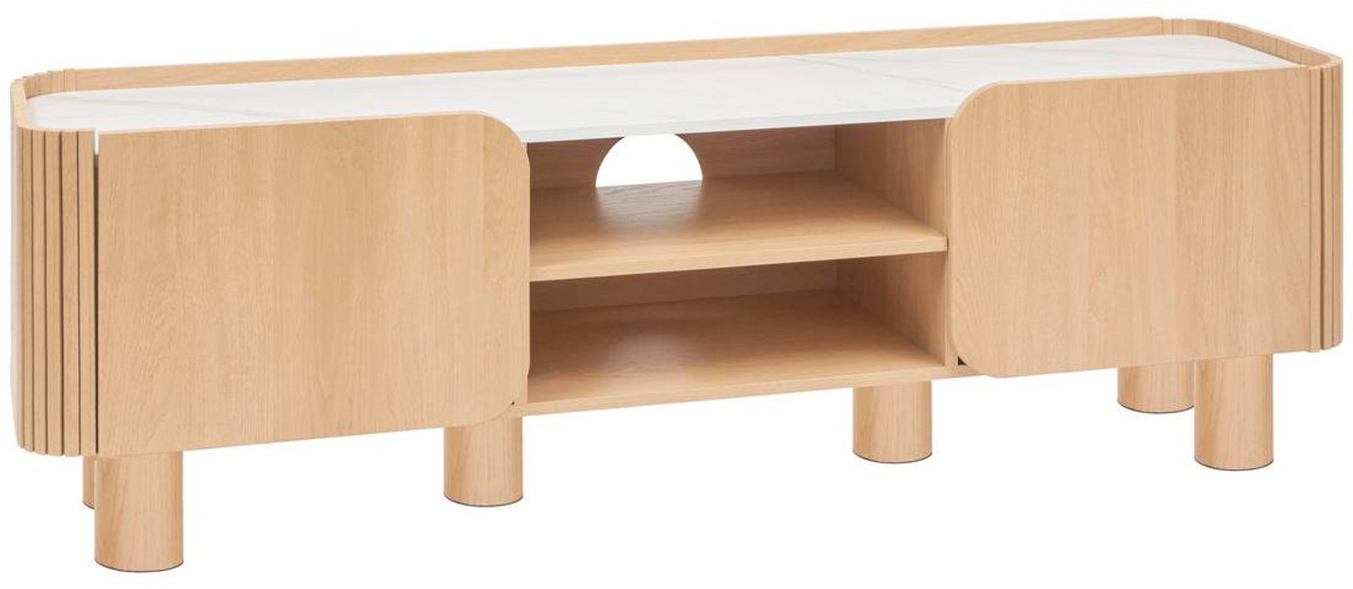 TV-meubel met 2 deuren, blad met marmerlook en rubberhout onderstel HOMELYA