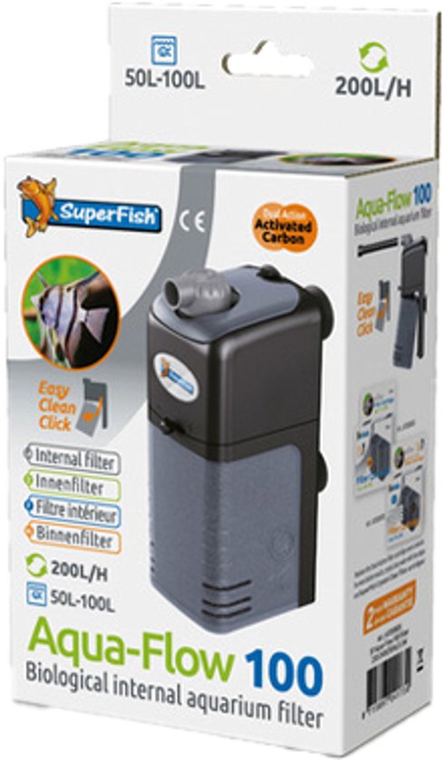 Aqua-Flow 100 biologisch intern aquariumfilter. Grijs met donkergrijs deksel. 200L/H, 50L-100L.
