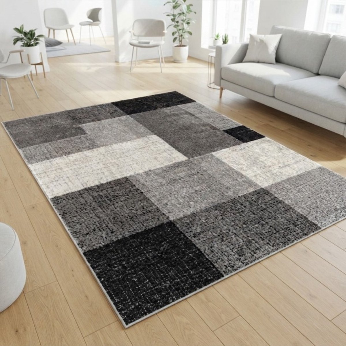 TapisTrend Designer tapijt Grijs 80x140 cm Modern vloerkleed met grote rechthoekige blokken en een patchwork-effect voor de woonkamer, slaapkamer en eetkamer