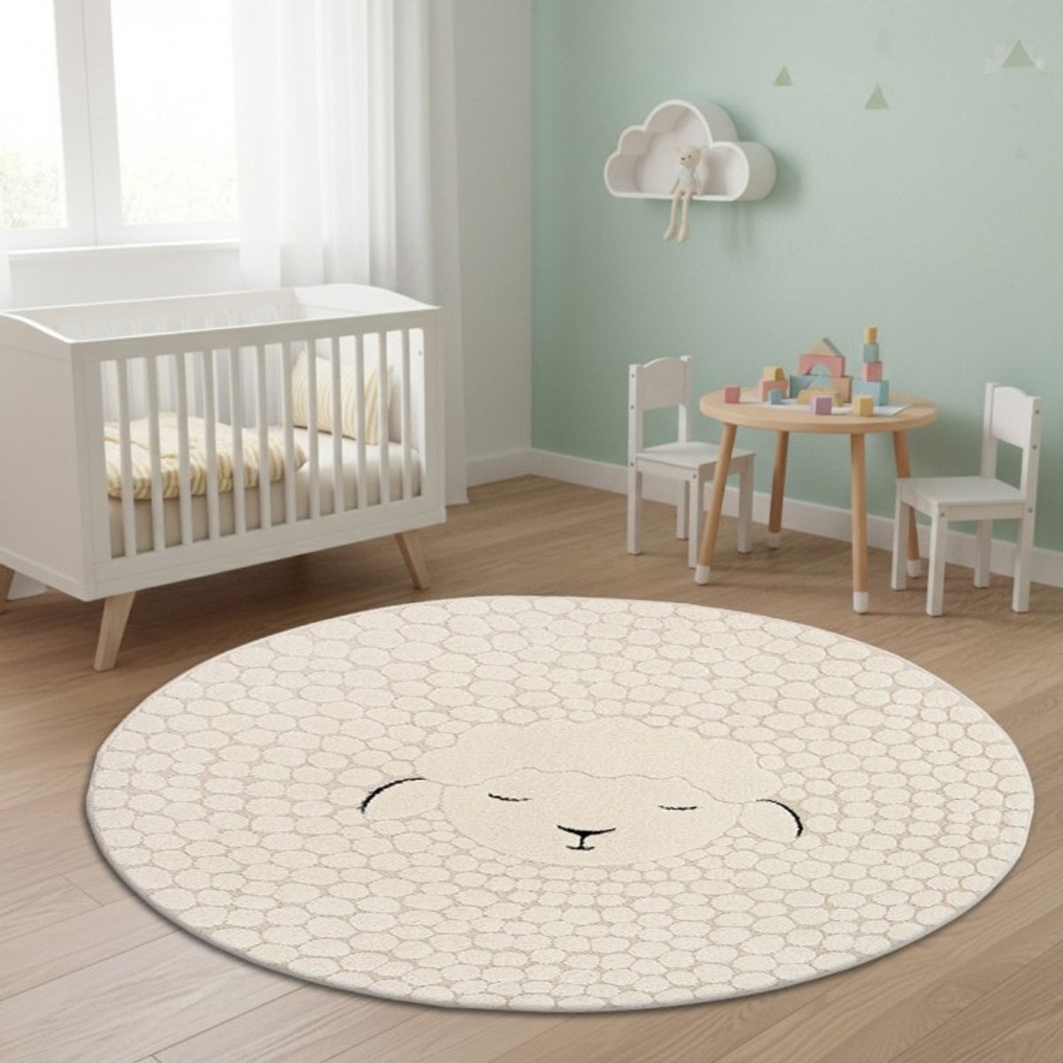 TapisTrend Kinderkleed Crème 120 cm rond Rond, crèmekleurig met een motief van slapende schapen en lusvormige wol, geschikt voor een babykamer Beige