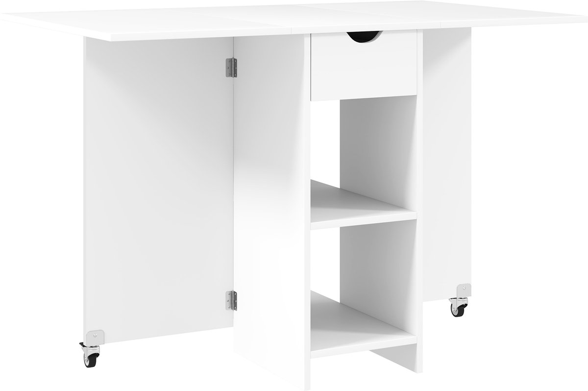 Homona Klapbare eettafel voor 2-4 personen - Met opbergruimte, lade en wielen - 114,5 x 70 x 75 cm - Wit