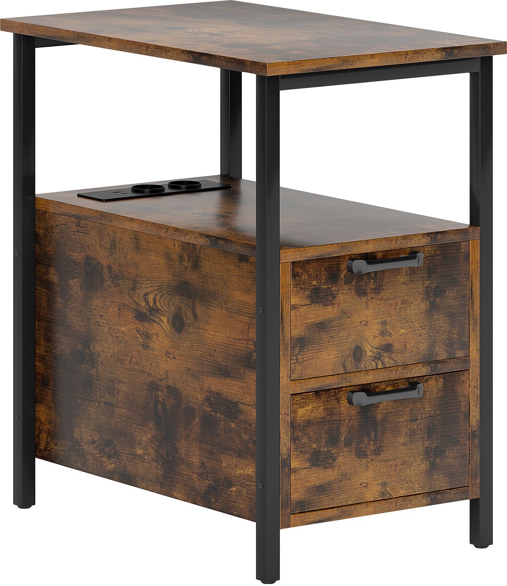 Homona Bijzettafel met oplaadstation - Met 2 lades en open vak - 55 x 35 x 58,5 cm - Rustiek bruin