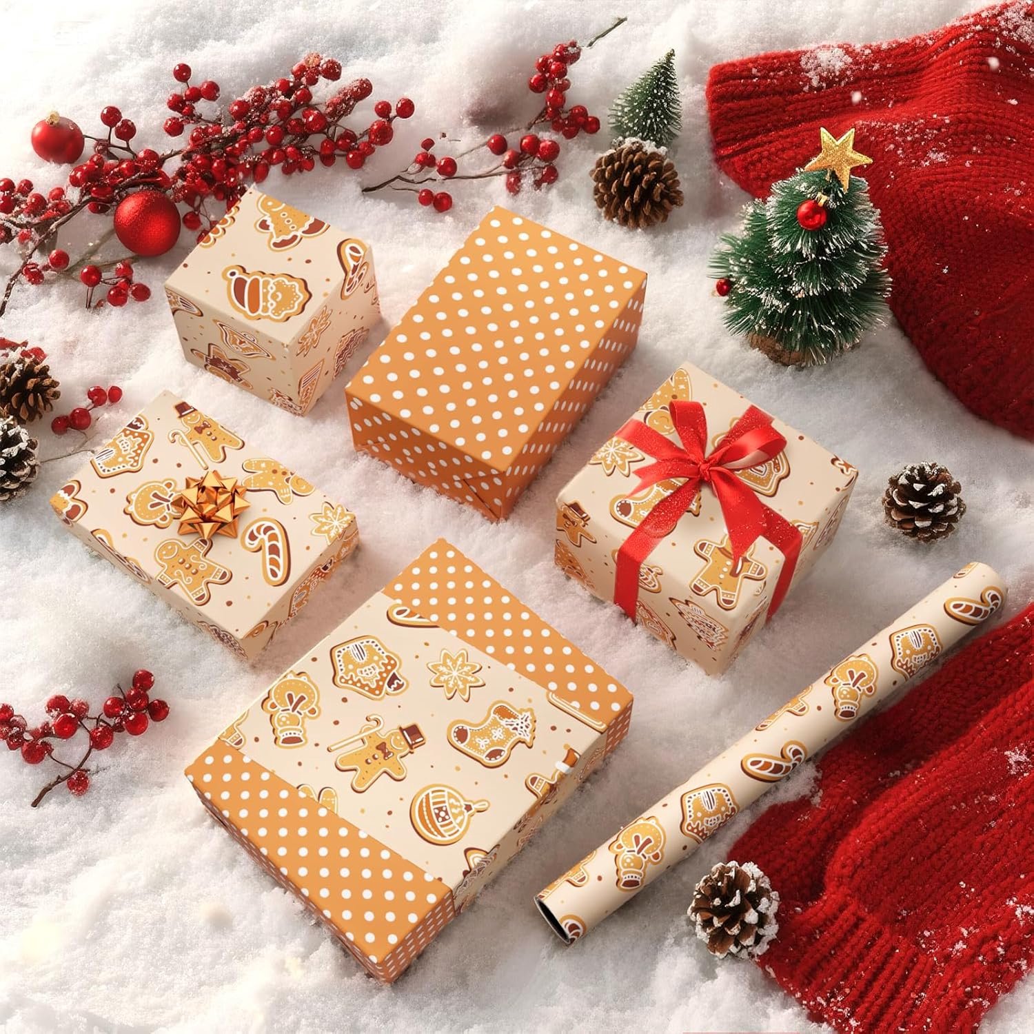 WERNNSAI 1 rol kerst peperkoekman cadeaupapier 10 m x 43 cm bruin