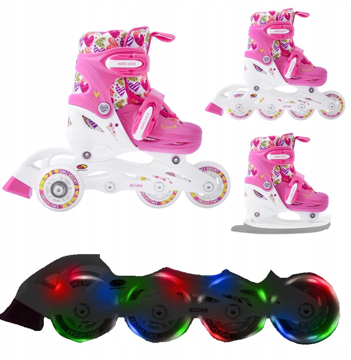 3-in-1 Kinder rolschaatsen LED met hartjes