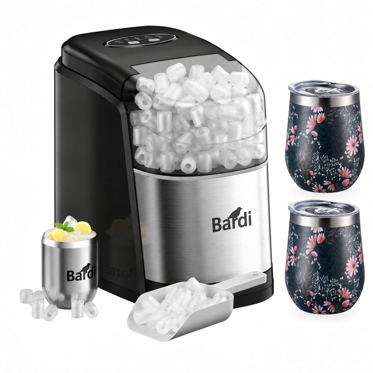 Bardi IJsblokjesmachine Set - 1.6L RVS - Zelfreinigingsfunctie - IJsblokmaker met IJsschep -met IJsschep - Inclusief 3 Luxe Thermosbekers en Ijsschep- Japanese Flower