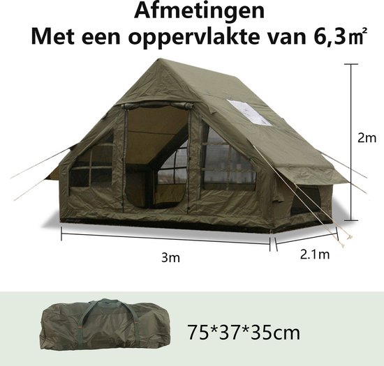 Norvikx Opblaasbare Glampingtent 3-4 Personen - 300x210x200 cm - Luxe Opblaastent met Luchtframe & Handpomp - Waterafstotend 300D Oxford & PVC Kuipzeil - Dubbele Deur, Klamboe Gaasramen & Schoorsteenopening - Legergroen — afbeelding 2