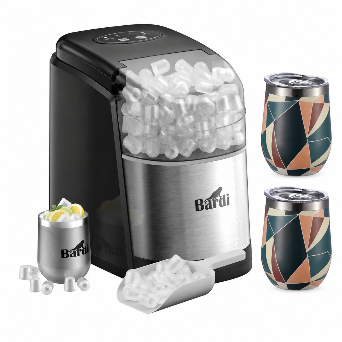 Bardi IJsblokjesmachine Set - 1.6L RVS - Zelfreinigingsfunctie - IJsblokmaker met IJsschep -met IJsschep - Inclusief 3 Luxe Thermosbekers en Ijsschep- Abstract Colours
