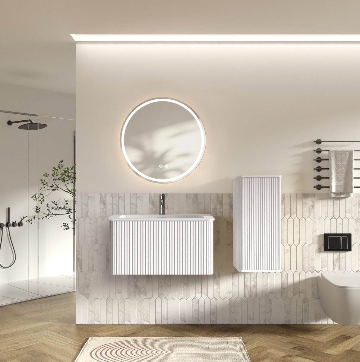 HAUSS SPOLE Badkamermeubelset - Wandhangende Wastafel Met Led Spiegel En Zijkast - Moderne Opbergruimte Voor Kleine Badkamers - Wit - 80 Cm Breed