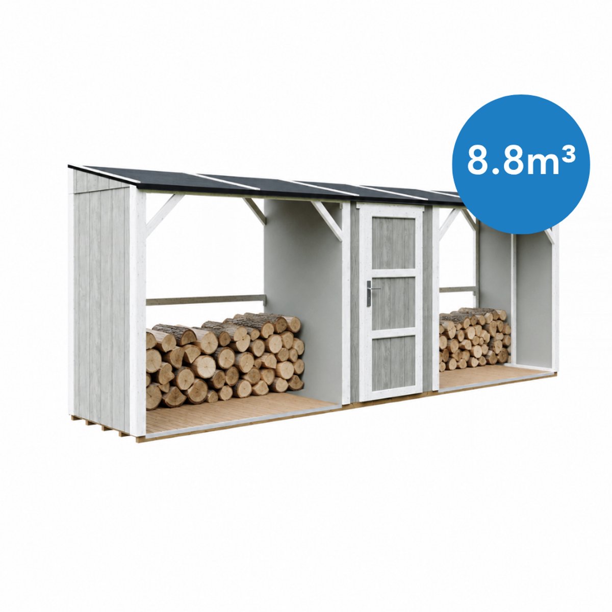 Timbela M986-TUNDRA GREY - LP SmartSide Dubbele Houtopslag met Afgesloten Bergruimte - 6,49 m² - Twee houtopslagzones met een totale capaciteit van ~8,8 m³
