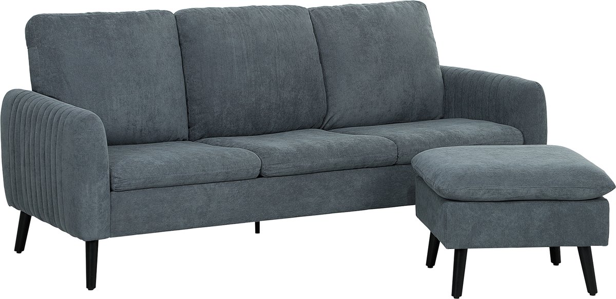 Homona 3-zits hoekbank met hocker - Gestoffeerde L-vormige bank met cordstof - 196 x 140 x 88 cm - Antracietgrijs