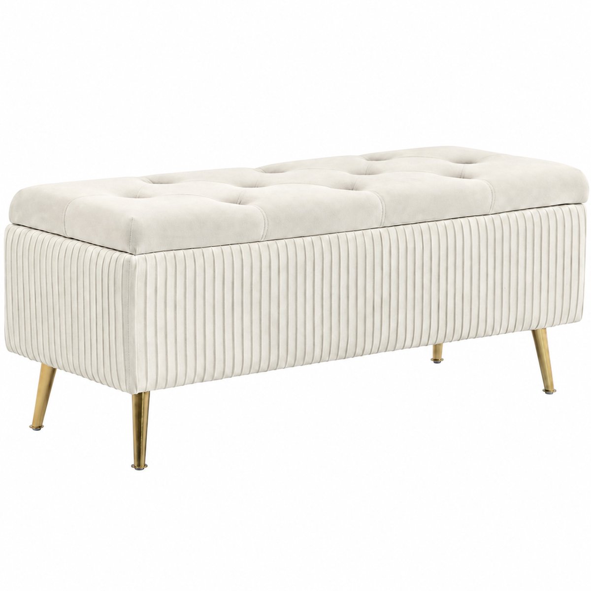 Homona Zitbank met opbergruimte - Met velvet look en gouden poten - 110 x 44,5 x 46 cm - Beige