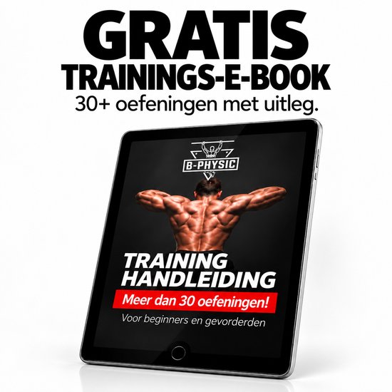 Tablet met "GRATIS TRAININGS-E-BOOK" en afbeelding van gespierde man. "TRAINING HANDLEIDING" meer dan 30 oefeningen.