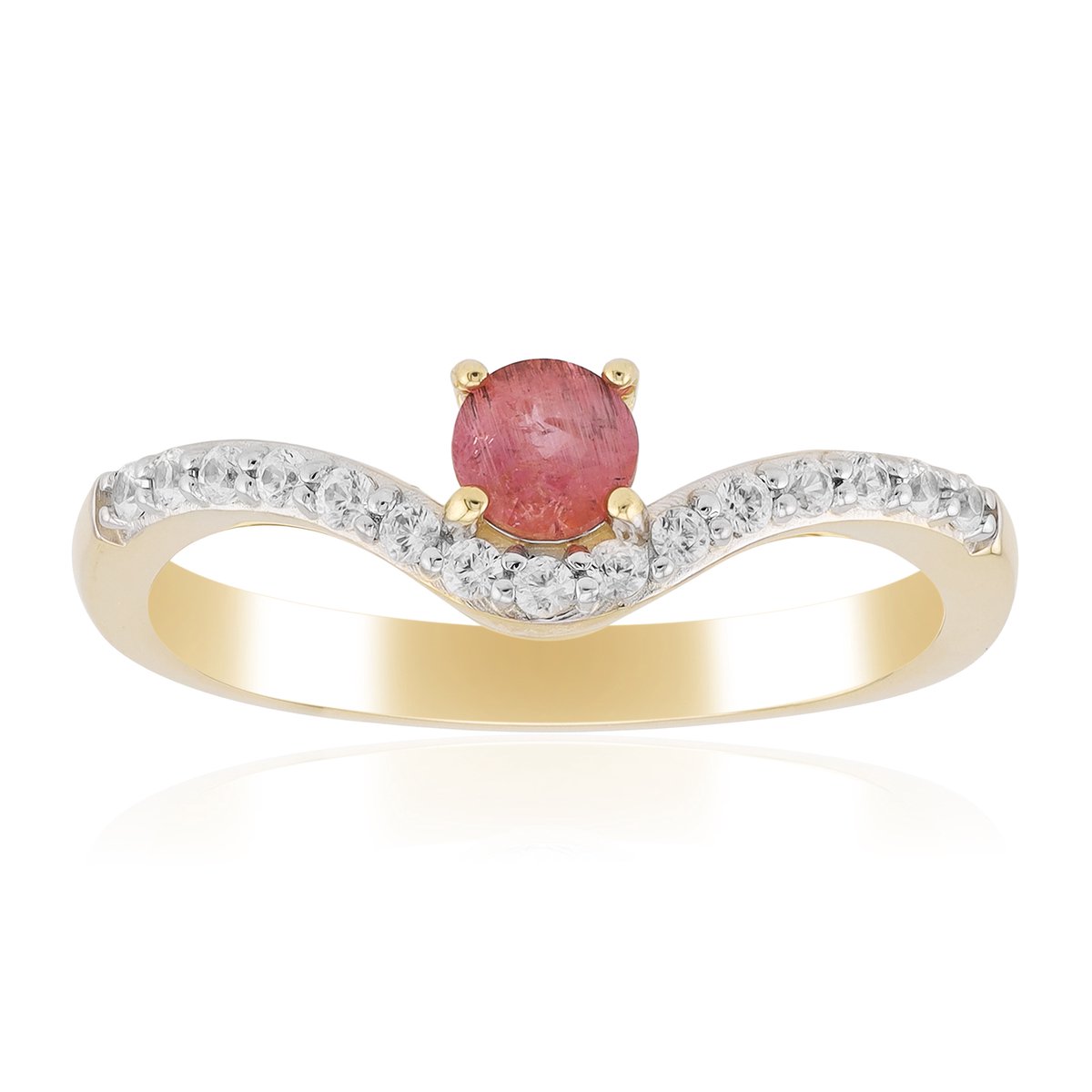 Cavill - Gouden ring 375 geelgoud - Pezzottaite 0,187 ct uit Madagaskar - 15 Zirkonen 0,185 ct Tanzania - Elegante damesring met golvend ontwerp