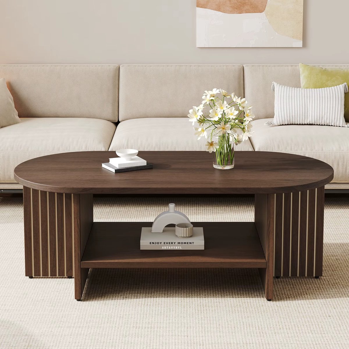 CreateEcom Salontafel - Bijzettafel - Woonkamer tafel - Koffietafel - Ovale salontafel, 100 x 49 x 35 cm - gemaakt van MDF - met een plank - geribbeld ontwerp - een moderne salontafel - bruin