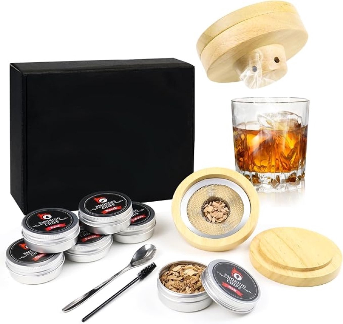 Cocktail Smoker Kit – Whisky Rookset met Houten Deksel, RVS Filter, Brander en 6 Houtsnippers – Voor Whisky, Cocktails, Koffie en BBQ