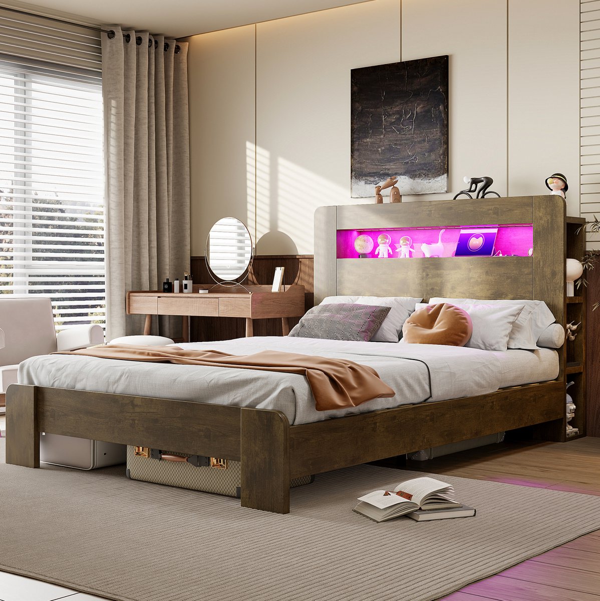 REDOM Bedframe - Opbergruimte in hoofdbord - LED-verlichting en stopcontacten - Platformbed - Hout - Hout - 140 x 200 cm Houtkleur