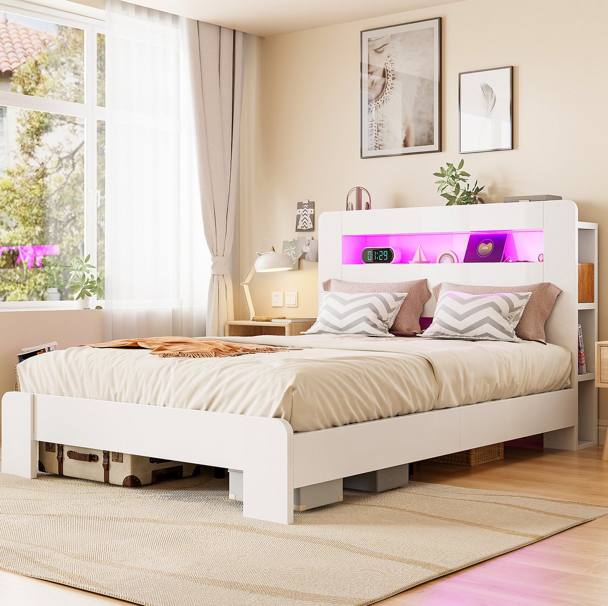 REDOM Bedframe met opbergruimte - Hoofdbord met LED-verlichting en stopcontacten - Lattenbodem - Moderne stijl - Slaapkamer - Hout en MDF - Wit - 140 x 200 cm