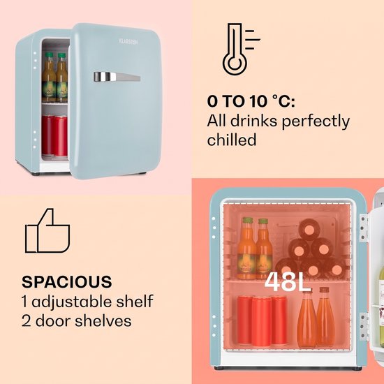 Klarstein Minibar minikoelkast voor kamers, 48 ​​liter minikoelkast voor drankjes en cosmetica, kleine , kleine en stille koelkast, verstelbaar schap, kleine huidverzorgingskoelkast 0-10 °C - Mini Koelkast - 48L - Mini Fridge van Klarstein — afbeelding 3