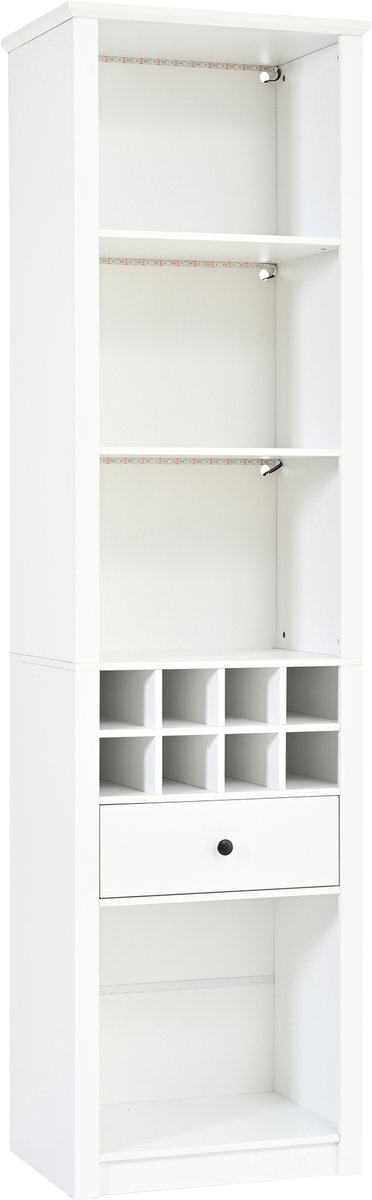 Vitrinekast Met LED Verlichting - Smalle Hoge Open Kast Met 12 Opbergvakken En Lade - Wijnkast Voor Woonkamer, Keuken Of Eetkamer - MDF Wit
