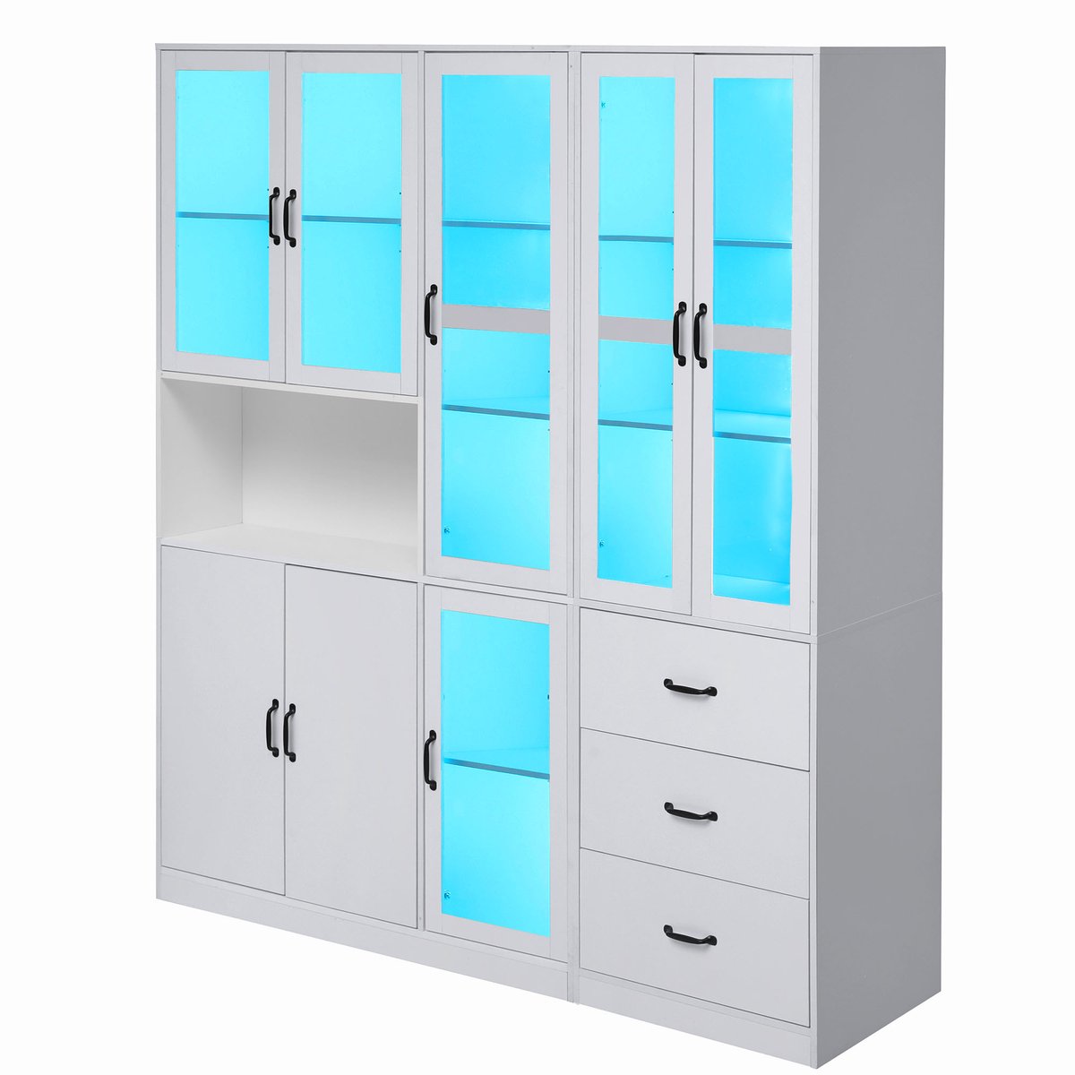 Witte Vitrinekast Met Ledverlichting - Vitrinekast 200 Cm Hoog - 8 Deuren En 3 Laden - Staande Kast Voor Woonkamer - Spaanplaat En Glas