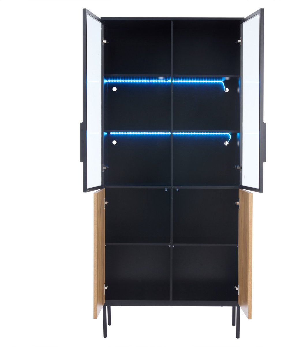 Glazen Vitrinekast Met Ledverlichting - Vitrinekast Met Vier Glazen Deuren - Verstelbare Legplanken Voor Boeken En Collecties - Zwart Eikenlook