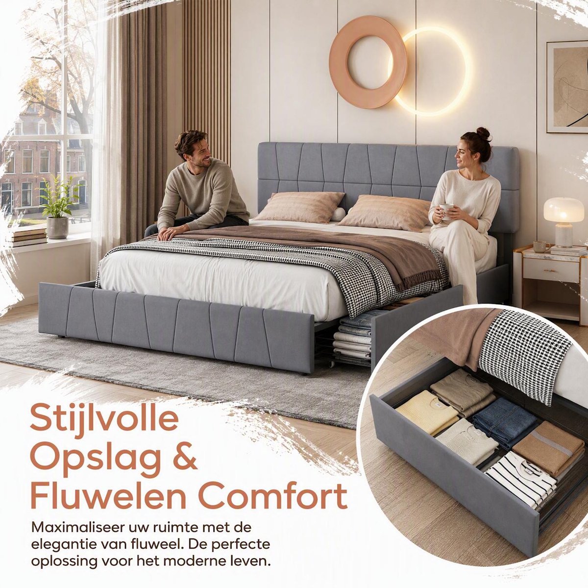 Gestoffeerd bed 160 x 200 - tweepersoonsbed - ledikant - bed - opberg bed - gestofeerd bed - tweepersoonsbed met opbergruimte - gestoffeerd bed met opbergruimte - Met 4 metalen lades - fluweel stof - grijs - Veilig Zachte Randen — cadeau in Cadeau-ideeën - foto 3