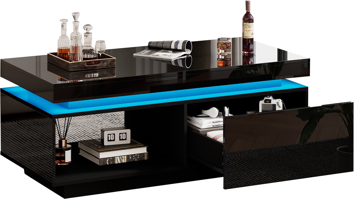 Moderne salontafel hoogglans zwart - Met geïntegreerde LED verlichting - Lade - Woonkamer - 100x50x40,3 cm - Zwart