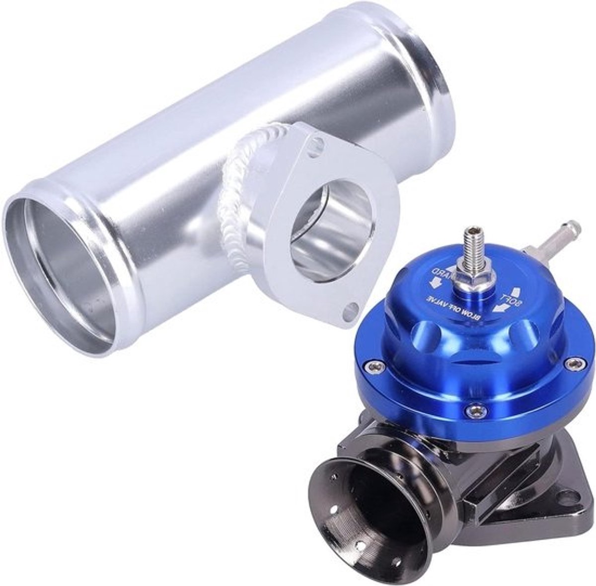Aluminium billet turbo dump valve - Met flenspijp - Voor raceauto's - Blauw - Verbeterde drukontlasting