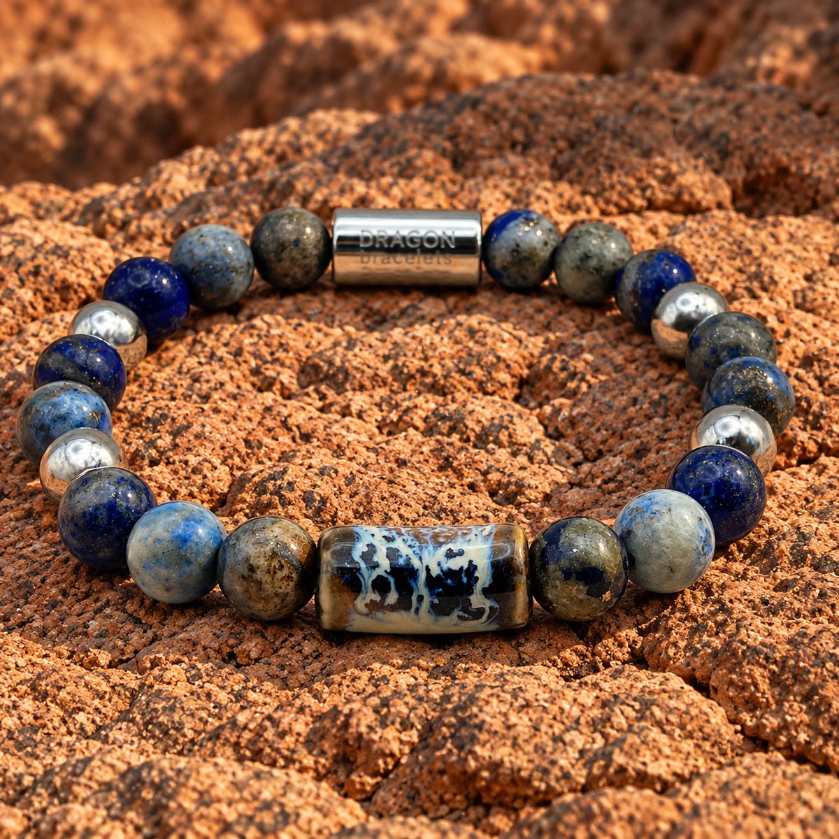 Dragon Bracelets® - Terra Ocean - Natuurstenen Armband - Lapis Lazuli - Geglazuurd Keramiek - Blauw - Grijs - Zilver