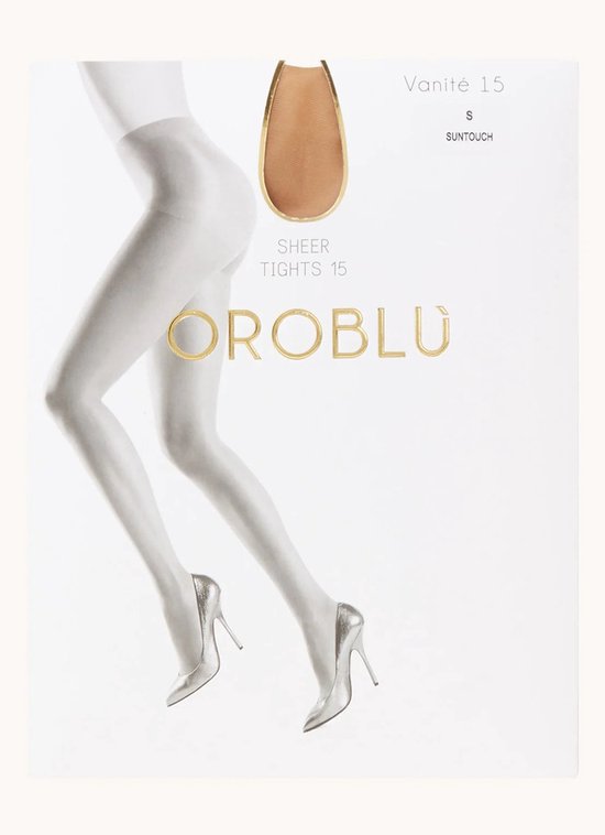 Verpakking van Oroblu Vanité 15 Sheer Tights in Suntouch, met een afbeelding van een vrouw met glanzende zilveren hakken.