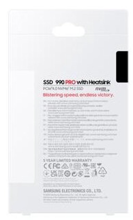 Verpakking van Samsung 990 PRO SSD met heatsink, 1TB, met informatie en logo's.