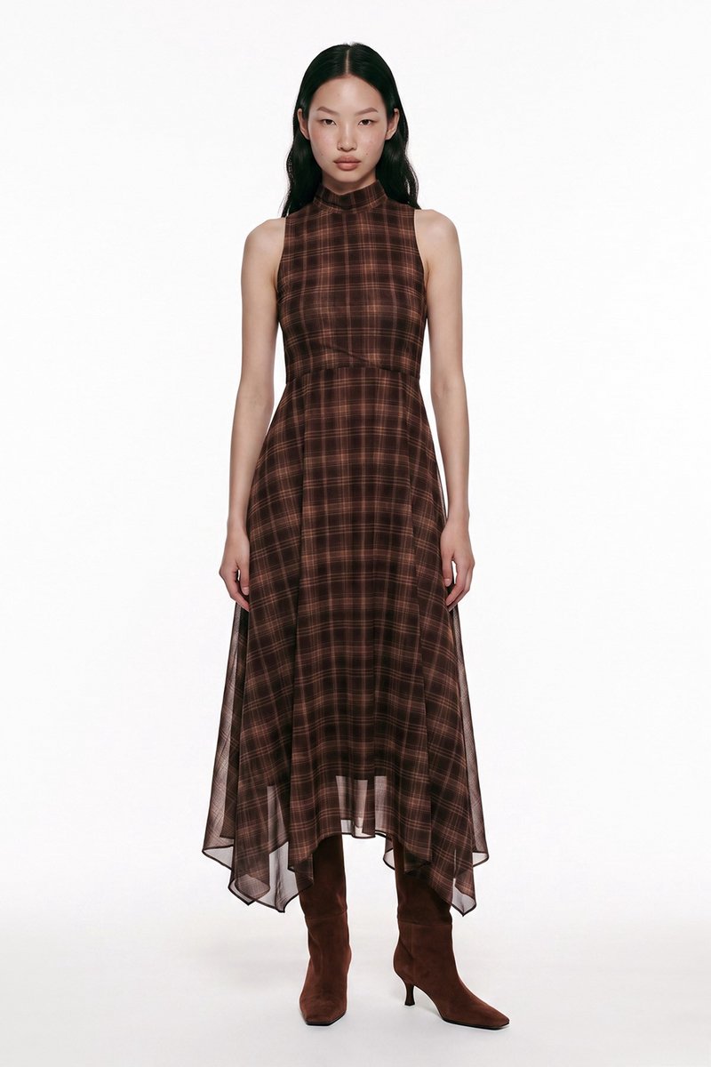 Van Verla - Asymmetrische midi jurk Dames - Mouwloos - Hoge hals - Bruin - Maat L