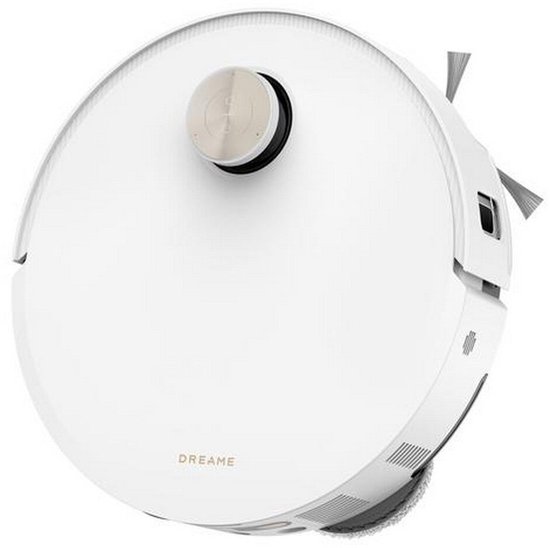 Witte robotstofzuiger met DREAME logo en gouden draaiknop.