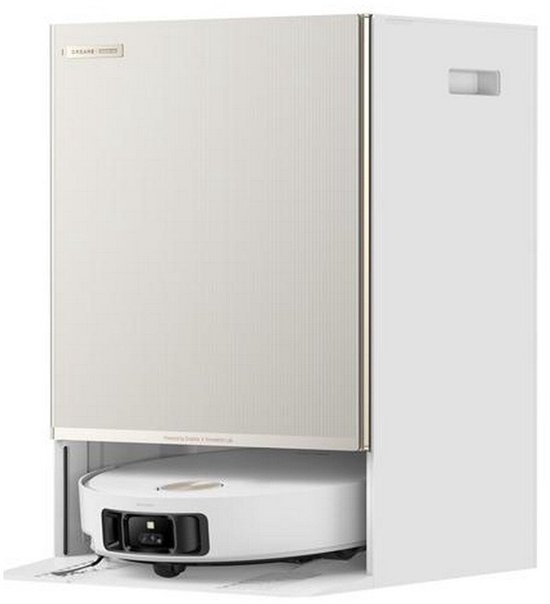 Witte robotstofzuiger met dockingstation en gouden rand, DREAME logo op de klep.