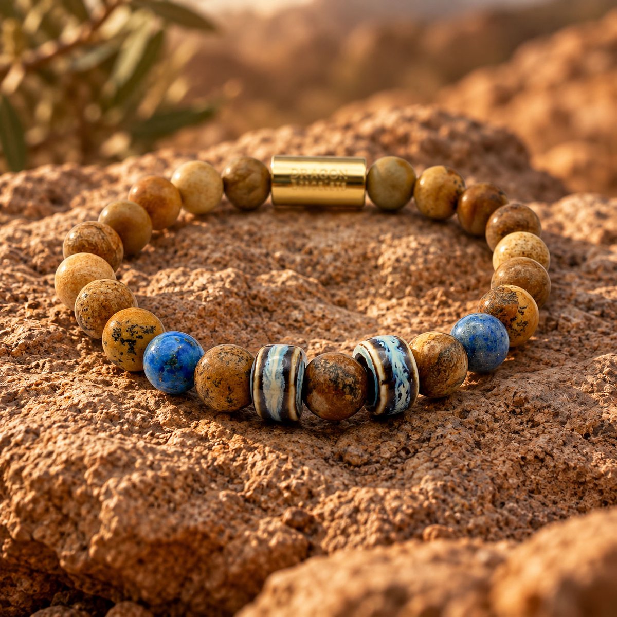 Dragon Bracelets® - Terra Horizon - Natuurstenen Armband - Jaspis - Lapis Lazuli - Geglazuurd Keramiek - Bruin - Blauw - Goud