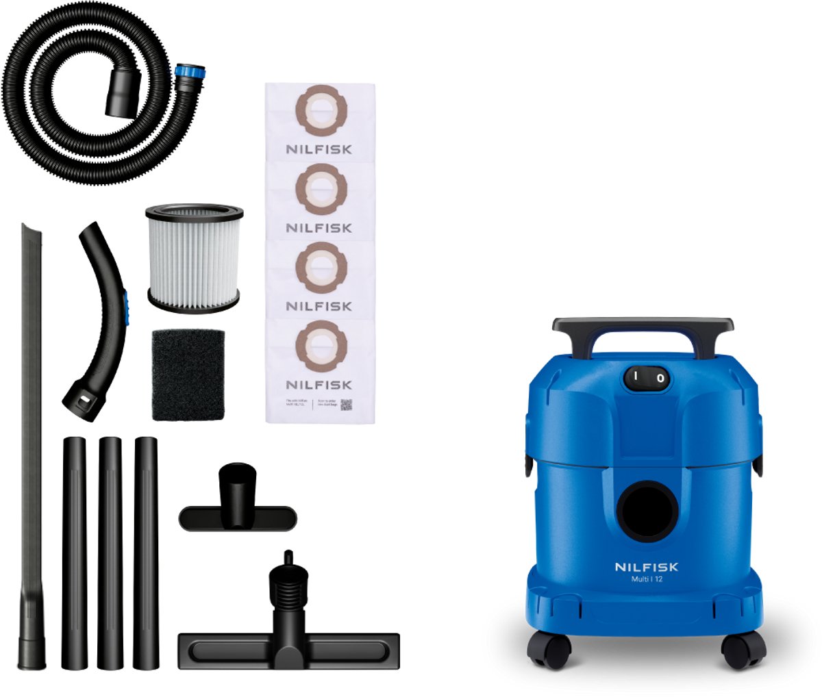 Nilfisk Multi I 12 Home Edition Nat- & Droogzuiger 1100W - 12L Waterzuiger & Stofzuiger met Blaasfunctie - Inclusief Bekledingsmondstuk, Flexibele Kierenzuiger & 4 Fleece Stofzakken