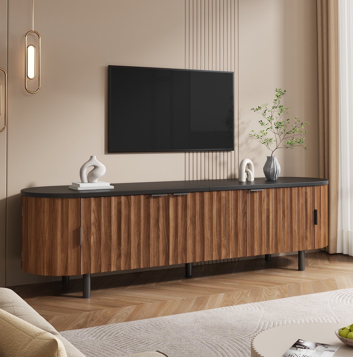 FloraGrace Televisiemeubel - Vijf Deuren Met Geribbelde Fronten - Voor De Woonkamer - MDF - 170x40x47 Cm - Walnootkleur