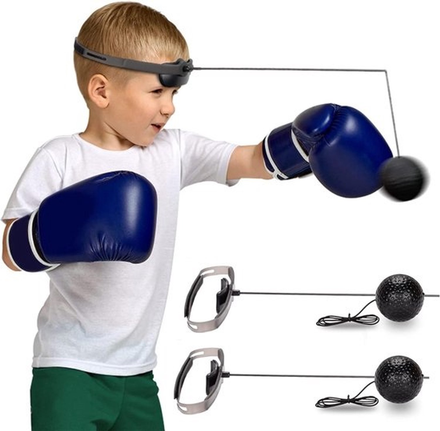 Boksreflexbal - Reactiebalset - Coördinatietraining - Twee moeilijkheidsgraden - 2 ballen 2 hoofdbanden - Zwart